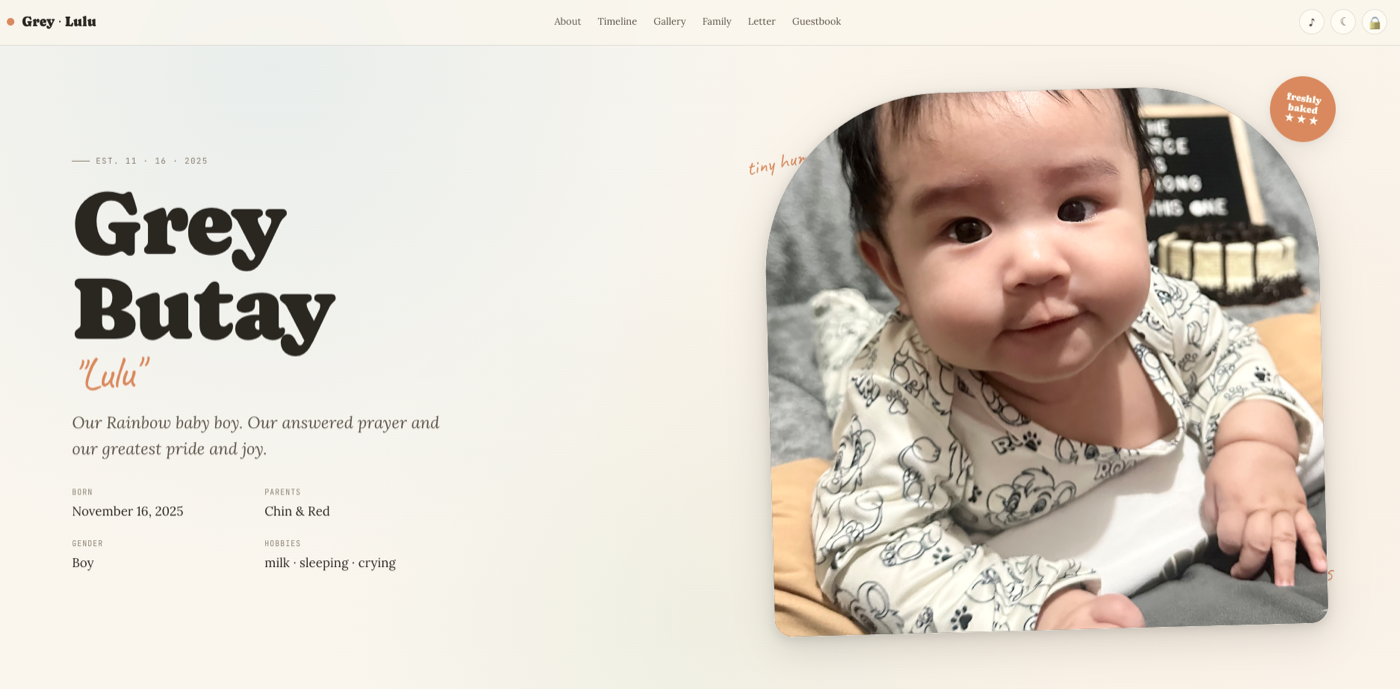 Baby Grey's Website hero with portrait and intro copy
