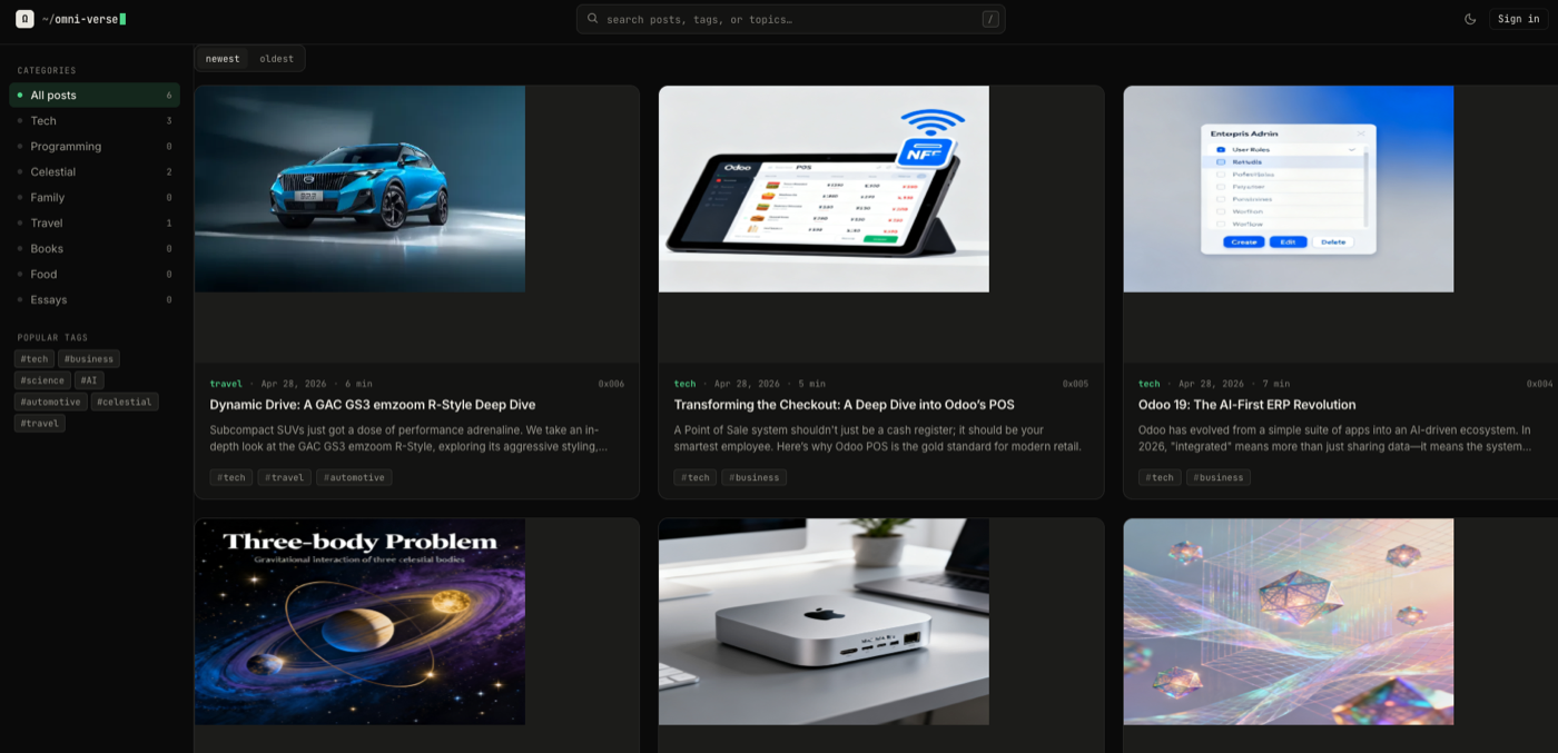 blog index with article cards and drawer-style post preview