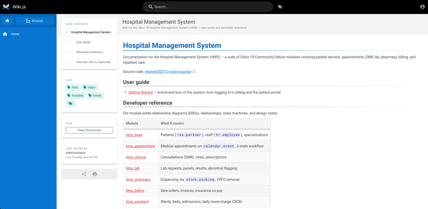 Hospital Management System Wiki.js home page