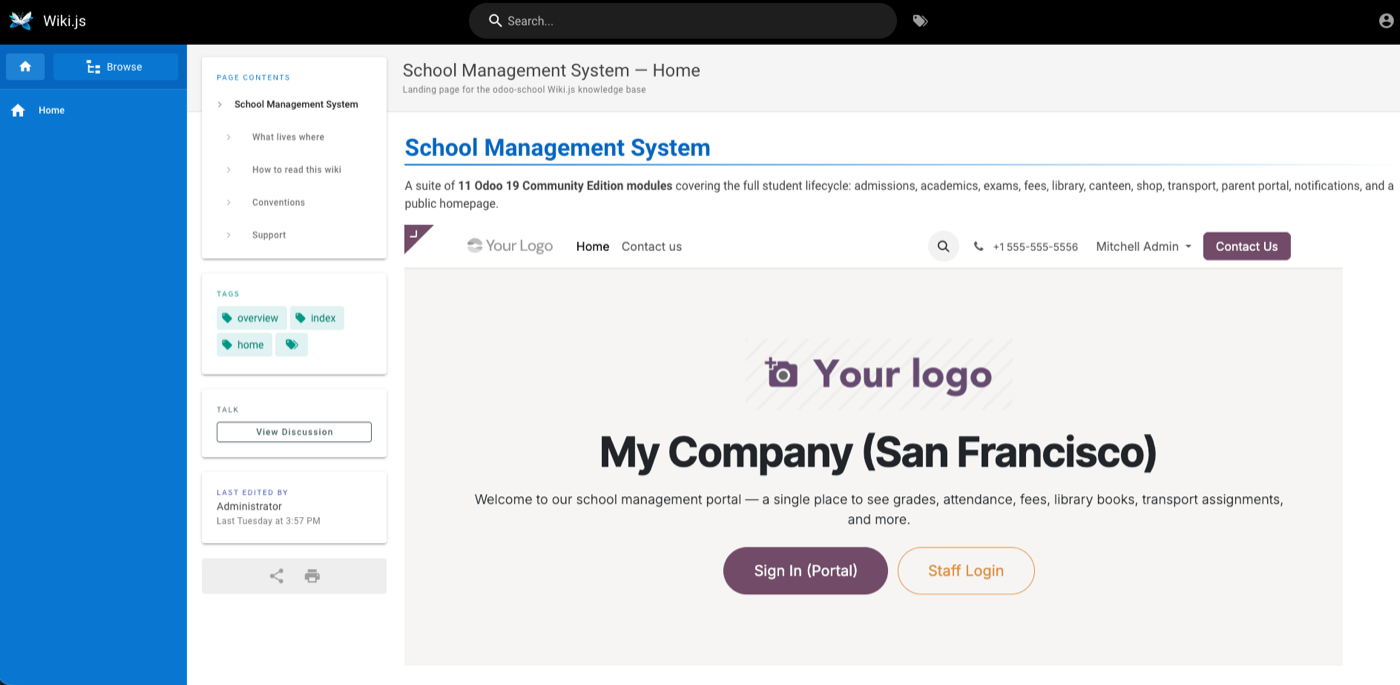 School Management System Wiki.js home page