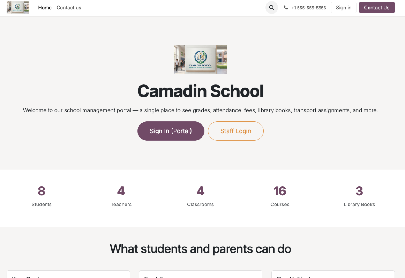 Camadin School portal landing page
